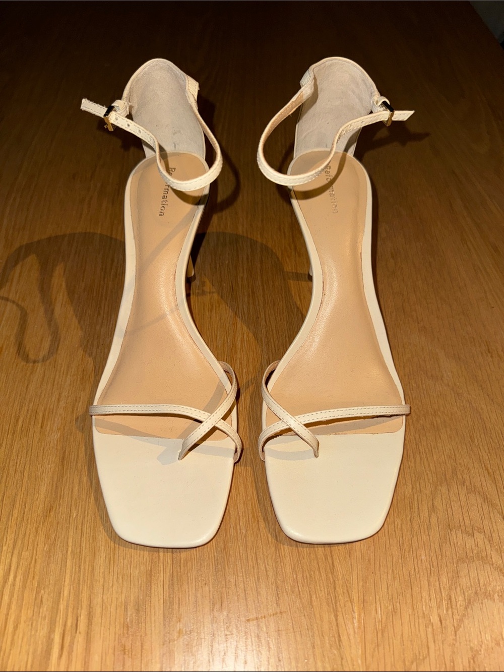 NEW Reformation Gigi Strappy Mid Heel Sandal in Almond.